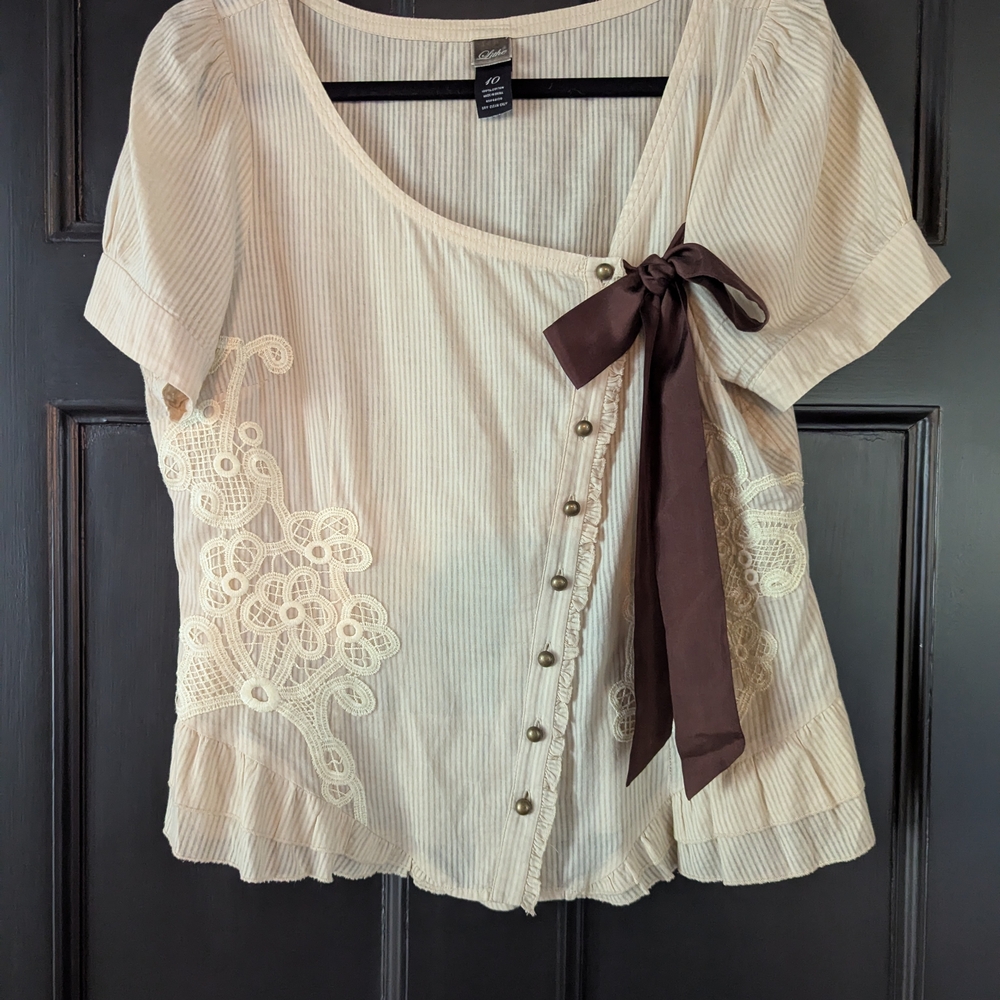 Anthropologie Cream Puff Sleeve Blouse with Tie Front